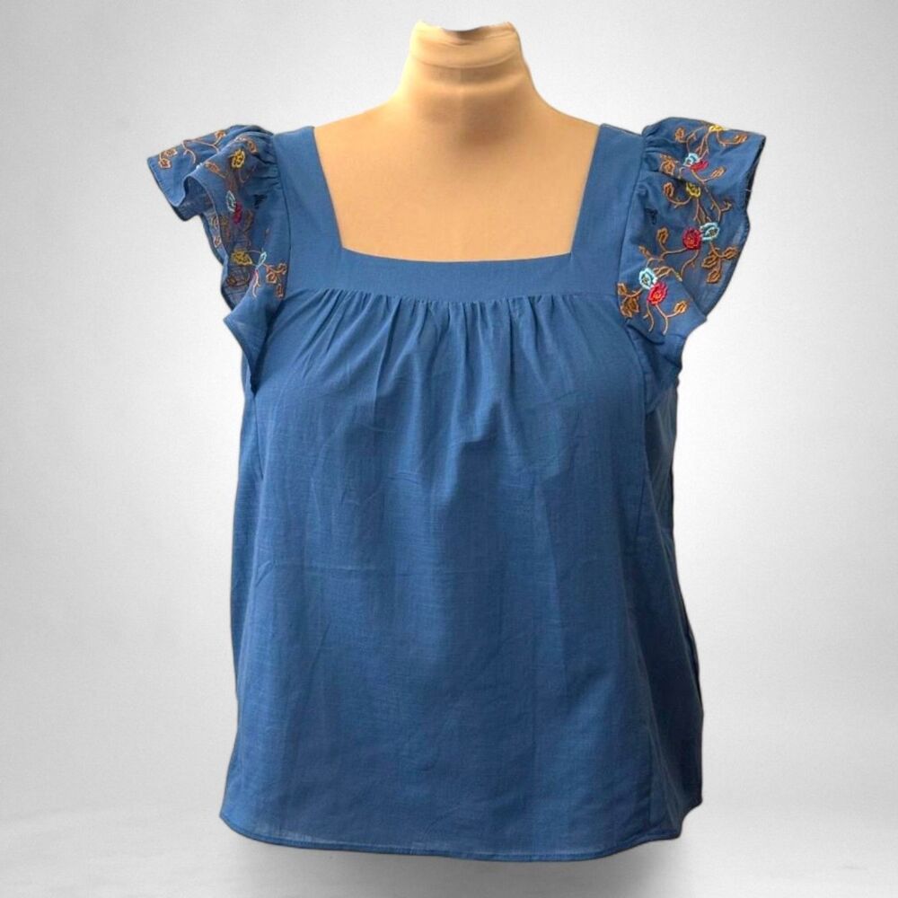 ANGELA PLUS Square Neckline Blue Embroidered Blouse NWT! Size 2XL  2X